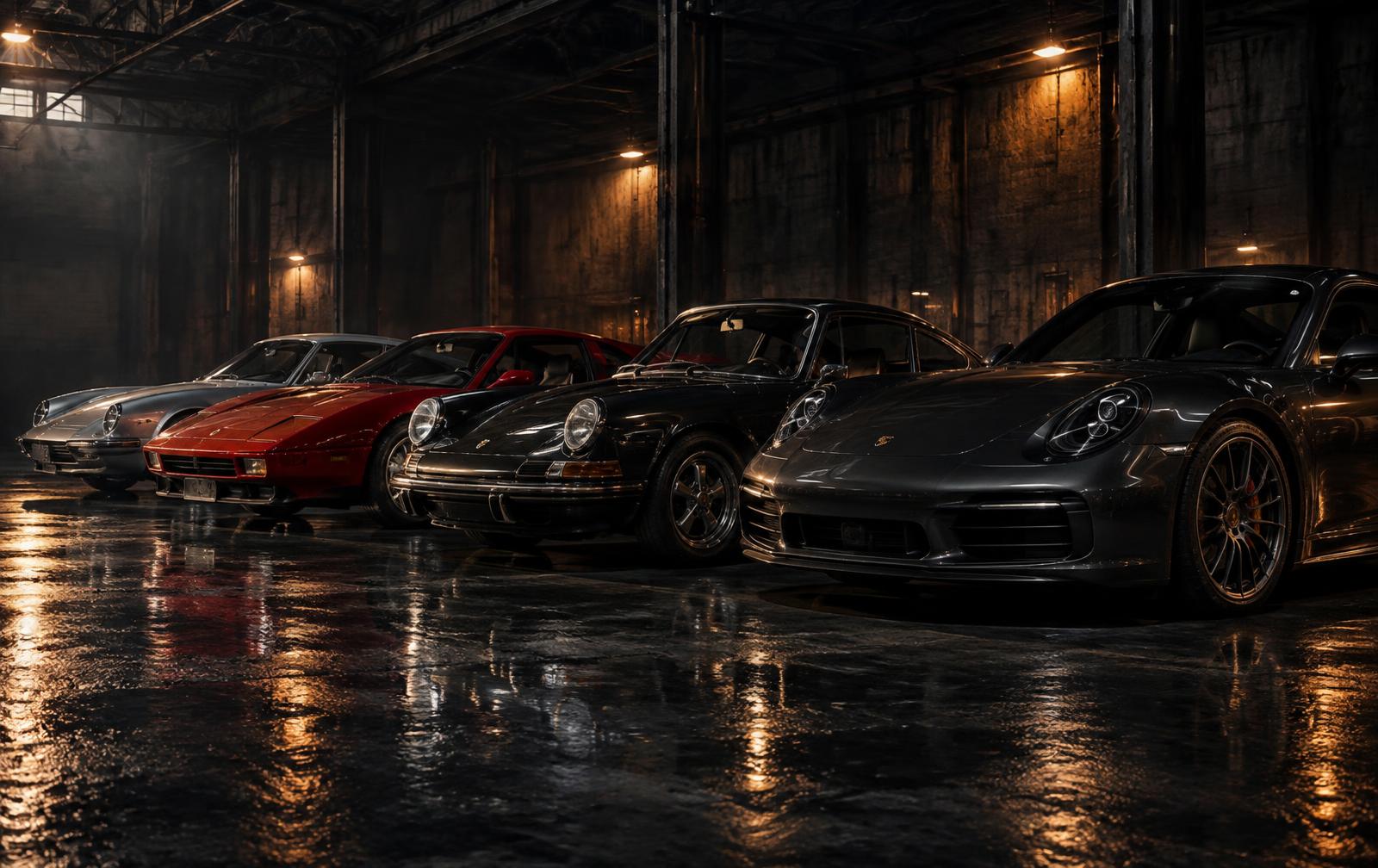 Collector cars lined up in a dark warehouse